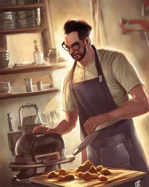 Prompt: Half Life Gman at home wearing an apron baking cookies, concept art, by Ross Tran