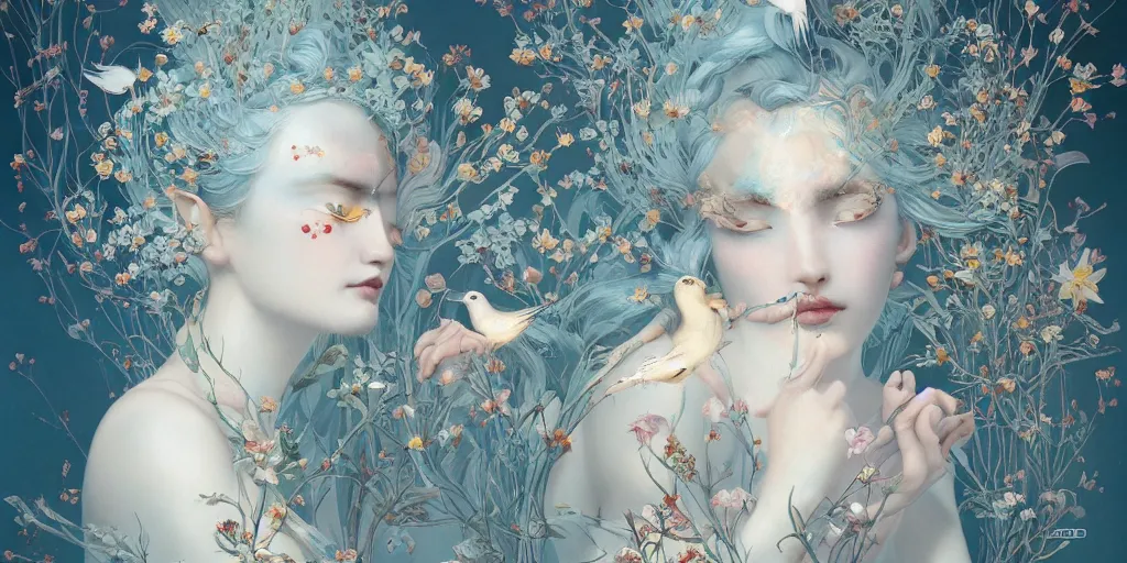 Image similar to breathtaking detailed concept art painting art deco pattern of blonde faces goddesses amalmation light - blue flowers with anxious piercing eyes and blend of flowers and birds, by hsiao - ron cheng and john james audubon, bizarre compositions, exquisite detail, extremely moody lighting, 8 k