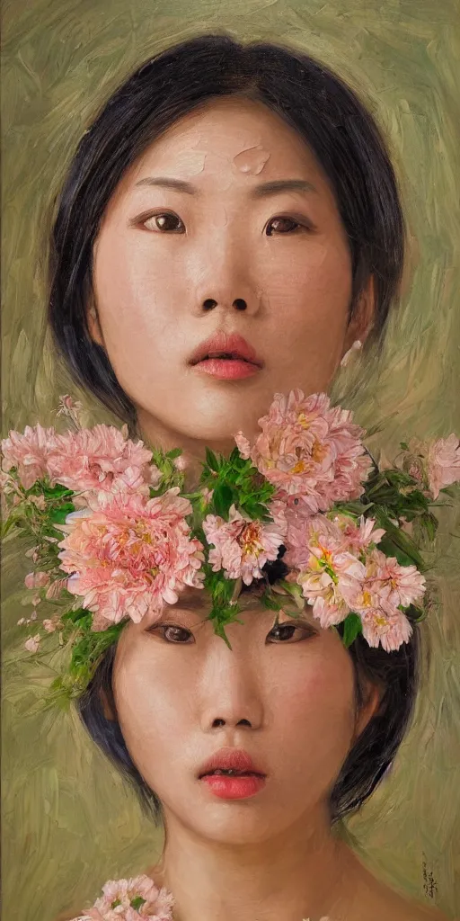 Image similar to very beautiful highly detailed and expressive oil painting of an asian woman's face dissolving into petals and flowers, masterpiece, dynamic lighting, intricate linework, 8 k, flowers