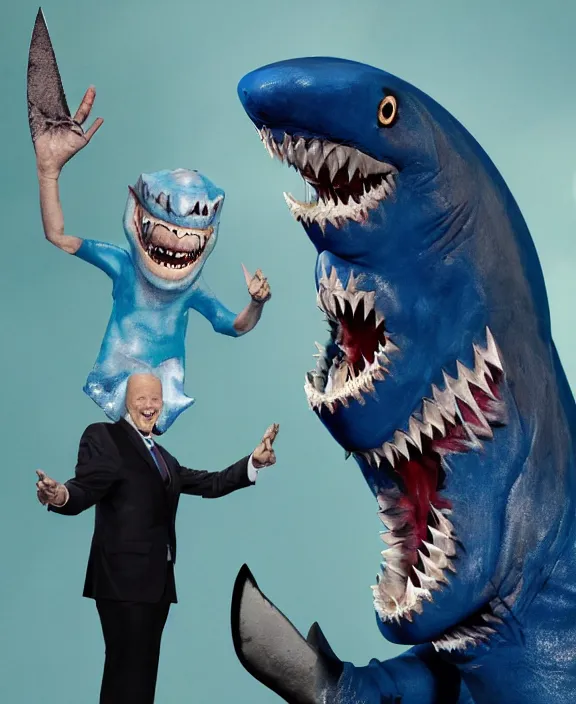 Image similar to joe biden nightmare fuel, shark man, shark costume, shark fin, sharp teeth, big smile, blue skin, ( ( claymation ) ), iridescent accents, by simon stalenberg