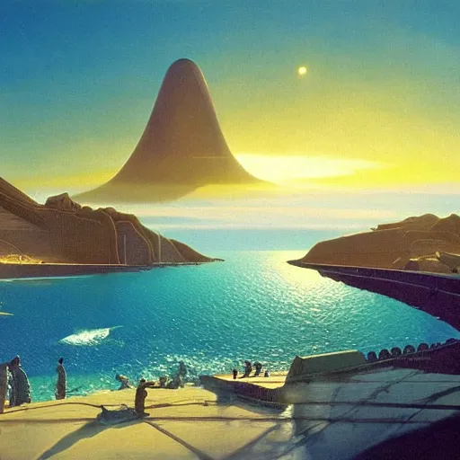 Prompt: beautiful matte painting of golden shores of a blue dreamy ocean, sci - fi, daylight, blue sky, cinematic lighting, cinematic perspective, syd mead, john harris, federico pelat