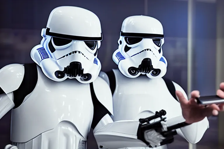 Image similar to a photo of two stormtroopers taking a selfie in las vegas casino, hyper realistic, ambient lighting, concept art, intricate, hyper detailed, smooth, dynamic volumetric lighting, octane, raytrace, cinematic, high quality, high resolution, 4 k