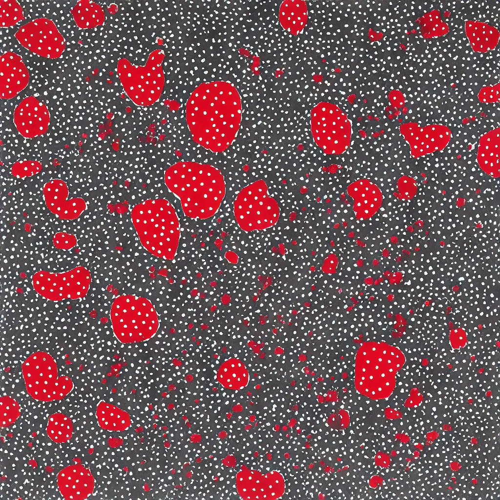 Image similar to camo made of strawberries, smiling, abstract, rei kawakubo artwork, cryptic, dots, stipple, lines, splotch, color tearing, pitch bending, color splotches, hearts, dark, ominous, eerie, minimal, points, technical, old painting