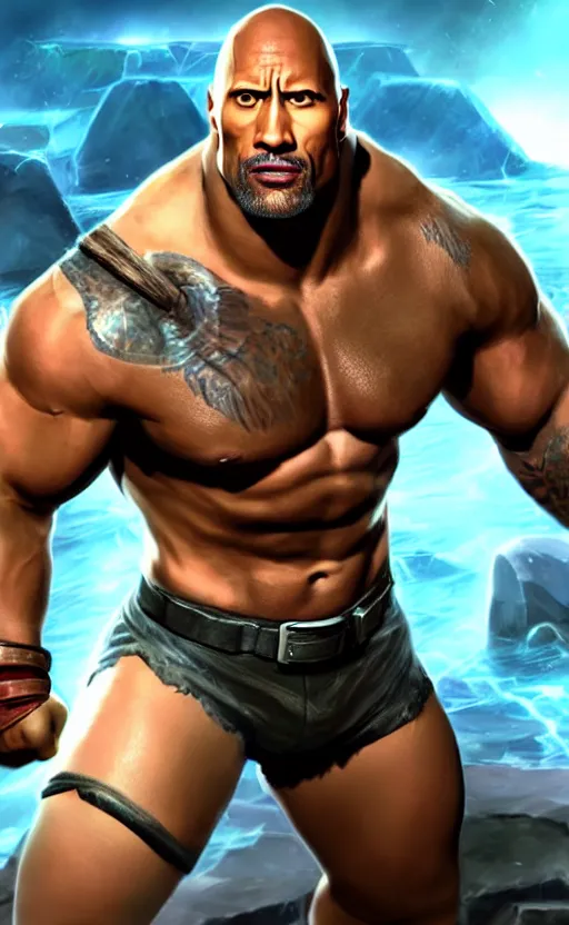 Image similar to Dwayne Johnson as a character in the game League of Legends, with a background based on the game League of Legends, detailed face, old 3d graphics