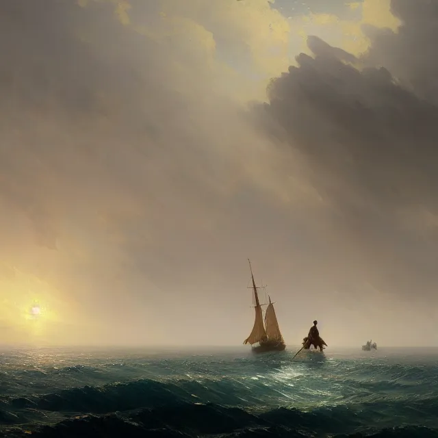 Prompt: a beautiful painting of the sea by ivan aivazovsky and sin jong hun and greg rutkowski and george varodi. in style of concept art. 4 k texture. ray tracing. sharp lines, hyper detailed. octane render. trending on artstation