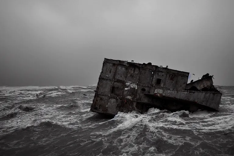 Image similar to danila tkachenko, low key lighting, a ship wreck, an abandoned high soviet apartment building in the middle of the stormy ocean, storm, lighning storm, crashing waves, dramatic lighting