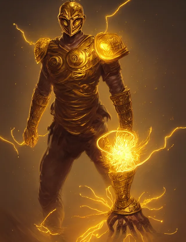 Image similar to a masked warrior in golden armour with a glowing golden gauntlet, surrounded by crackling golden lightning and energy, by frank fazetta and peter mohrbacher, trending on artstation, digital art, 4 k resolution, detailed, high quality, sharp focus, hq artwork, coherent, insane detail, concept art, character concept, character full body portrait