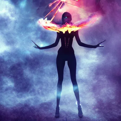 Image similar to a strong smoke goddess, sci - fi aesthetics, on fire, photoshop, colossal, creative and cool, giant, digital art, photo manipulation, planets, earth, outer space, smoke
