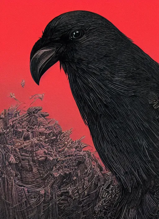 Image similar to portrait, A crow in front of the full big moon, book cover, red white and black colors, establishing shot, extremly high detail, foto realistic, cinematic lighting, pen and ink, intricate line drawings, by Yoshitaka Amano, Ruan Jia, Kentaro Miura, Artgerm, post processed, concept art, artstation, matte painting, style by eddie mendoza, raphael lacoste, alex ross