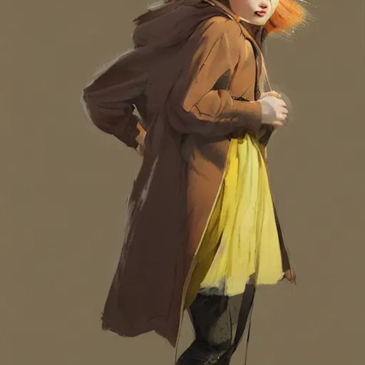 Image similar to a highly detailed epic cinematic concept art CG render digital painting artwork costume design: pixie cut Sadie Sink in a 1950s man's coat and hoodie. muted colors with some yellow accents. By Greg Rutkowski, Ilya Kuvshinov, WLOP, Stanley Artgerm Lau, Ruan Jia and Fenghua Zhong, trending on ArtStation, made in Maya, Blender and Photoshop, octane render, excellent composition, cinematic atmosphere, dynamic dramatic cinematic lighting, aesthetic, very inspirational, arthouse