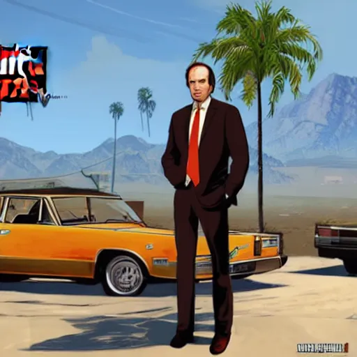 Image similar to Saul Goodman in GTA V . Los Santos in the background, palm trees. In the art style of Stephen Bliss.