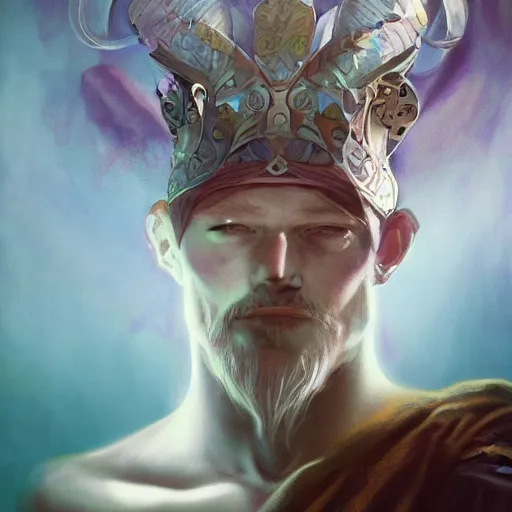 Prompt: Epic viking king, divine, symmetrical, D&D character art, portrait, digital painting, Peter Mohrbacher, Alphonse Mucha, Brian Froud, Yoshitaka Amano, Kim Keever, Victo Ngai, James Jean