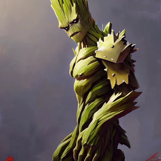 Image similar to greg manchess portrait painting of armored groot as overwatch character, medium shot, asymmetrical, profile picture, organic painting, sunny day, matte painting, bold shapes, hard edges, street art, trending on artstation, by huang guangjian and gil elvgren and sachin teng