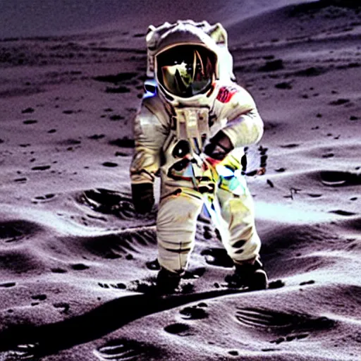 Image similar to cat wearing a spacesuit while walking on the moon