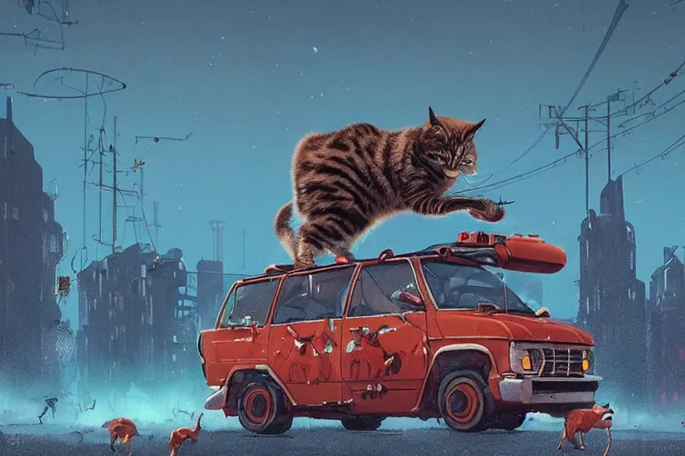 Image similar to cats defending themselves from horde of zombies on a red minivan, sci fi, art by mike winkelmann, trending on cgsociety, retrofuturism, darksynth, sci - fi