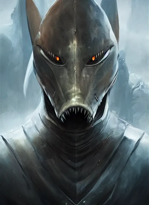 Image similar to digital painting of a human shark wearing knight armor, shark head, fantasy, portrait, scifi, realistic, detailed, concept art, ruan jia, wlop