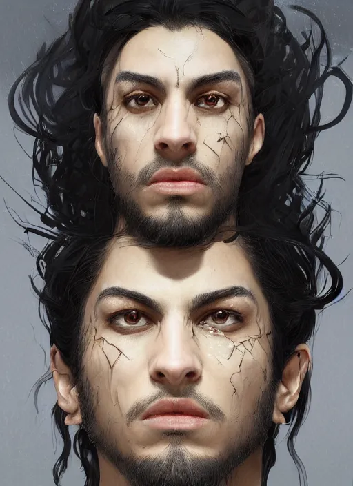 Image similar to character concept portrait of a handsome young twisted dark hispanic wizard with olive skin and glowing eyes casting a reanimation spell, a floating iridescent spell book in the center, intricate, elegant, digital painting, concept art, smooth, sharp focus, illustration, from Metal Gear, by Ruan Jia and Mandy Jurgens and William-Adolphe Bouguereau, Artgerm