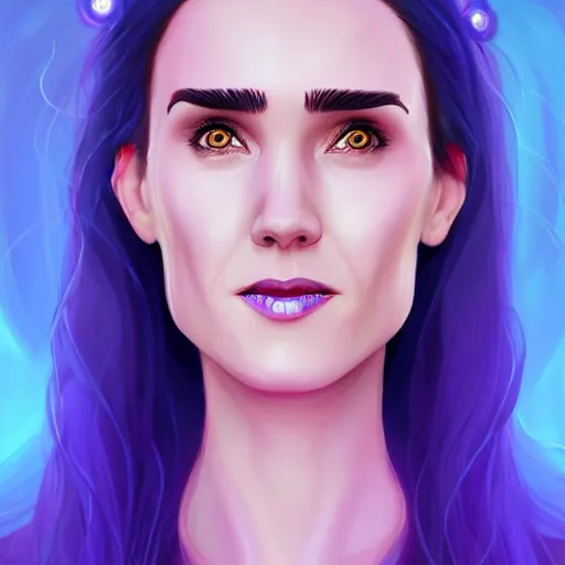 Prompt: beautiful witch female, Jennifer Connelly, blue and purple glowing hair, smiling, clear clean face, two perfect eyes, perfect eyes perfect symmetrical eyes, symmetrical face, blurry background, pose, Alexandra Fomina artstation, face by Ilya Kushinov style, style by Loish, painterly style, flat illustration, high contrast