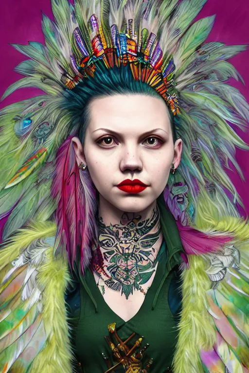 Image similar to portrait of hannah murray as a punk woman with green mohawk, neotraditional tattoos, fishnets, long tartan skirt as phoenix queen, feathers, wings, rainbow clothes,, sci - fi, intricate and very very beautiful and elegant, highly detailed, digital painting, artstation, smooth and sharp focus, illustration, art by tian zi and wlop and alphonse mucha