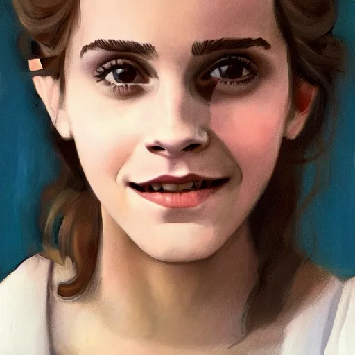 Image similar to Painting of Emma Watson as Hermione Granger. Smiling. Happy. Cheerful. Art by Vermeer. Extreme close up. Extremely detailed. Beautiful. 4K. Award winning.