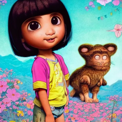 Image similar to portrait of Dora the explorer as real girl in live action movie, in happy pose, detailed, intricate complex background, japanese Pop Surrealism, lowbrow art style, muted pastel colors, soft lighting, 50's looks by Mark Ryden,Yosuke Ueno,mucha, artstation cgsociety