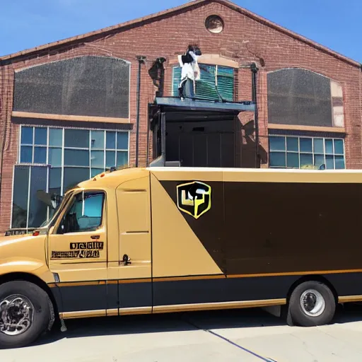 Prompt: ups truck got stuck at the roof