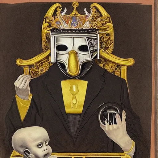 Prompt: hyper realistic painting of a handsome symmetrical man, sitting in a gilded throne, tubes coming out of the man's arm, getting a blood transfusion from a baby. plague doctor in the background. in the style of classicalism mixed with retro japanese book art. daguerrotype
