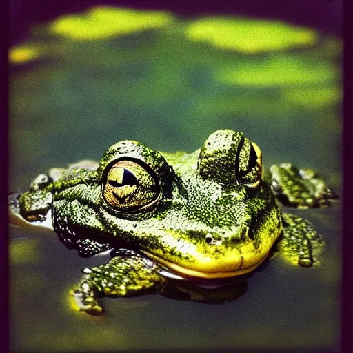 Image similar to “semitranslucent smiling frog amphibian rising above the waters of misty lake in Jesus Christ pose, low angle, polaroid shot by Andrei Tarkovsky, paranormal, spiritual, mystical”