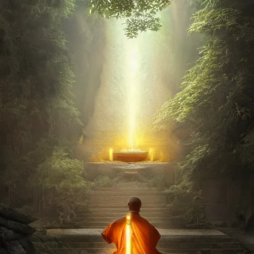 Image similar to ancient monk worshipping under the tree of wisdom, magical world, by greg rutkowski, sung choi, photo realistic, 8 k, cinematic lighting, hd, atmospheric, hyperdetailed, trending on artstation, devainart, digital painting, glow effect