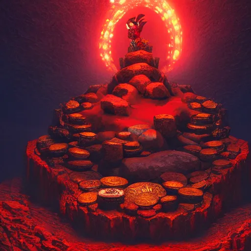 Image similar to a red ruby throne atop a mountain of gold coins and treasure, glowing in a dark cavern, concept art, fantasy, realistic, 8k, moody, atmospheric, artstation award