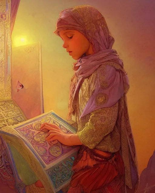 Image similar to a bedouin child infront of an big open quran highly detailed, gold filigree, romantic storybook fantasy, soft cinematic lighting, award, disney concept art watercolor illustration by mandy jurgens and alphonse mucha and alena aenami, pastel color palette, featured on artstation