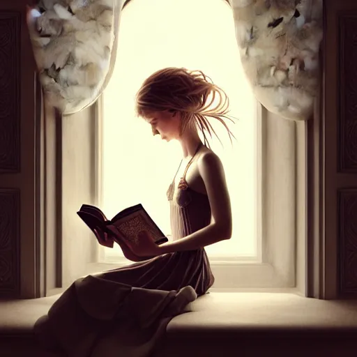 Image similar to portrait of an absurdly beautiful girl reading a book, graceful, sophisticated, hyperdetailed illustration by irakli nadar, maria borges, matt wisniewski style, intricate linework, unreal engine 5 highly rendered, global illumination, detailed and intricate environment