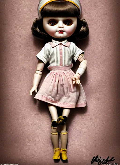 Prompt: highly detailed wide - angle portrait of a retro doll with low detail simple hands, nicoletta ceccoli, mark ryden, lostfish, earl nore, hyung tae, frank frazetta, global illumination, detailed and intricate environment