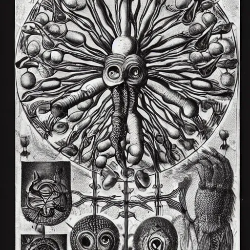 Image similar to bizarre bestiary of repressed unconscious emotional monsters and creatures, illustrated by Ernst Haeckel and Robert Fludd