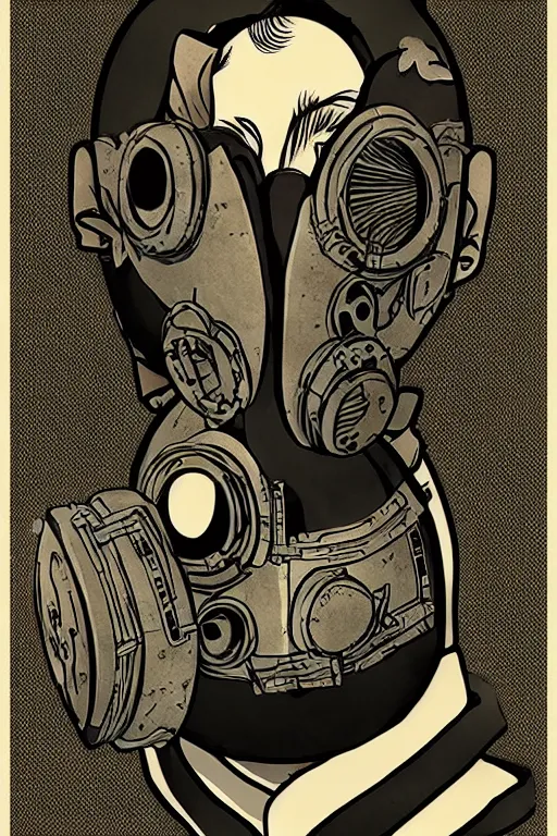 Image similar to Gas mask in Ukiyo-e style, haunting + insanely detailed and intricate, movie poster style, Trending on artstation, artstationHD, artstationHQ, 4k, 8k