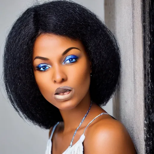 Image similar to photo of a stunning black woman with pure white hair and blue eyes