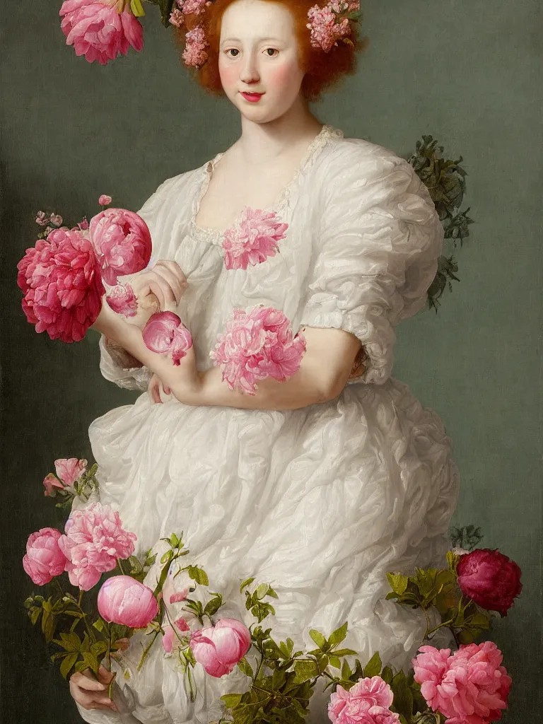 Prompt: Dutch style, Renaissance studio portrait painting of a beautiful, young woman with rosy cheeks, luscious, voluminous, curly red hair adorned with many pink and white flowers, cherry blossoms, peonies, white roses, baby's breath flowers, wearing a white lace dress, against a sea green textured backdrop, in the style of Jan Davidzoon de Heem,