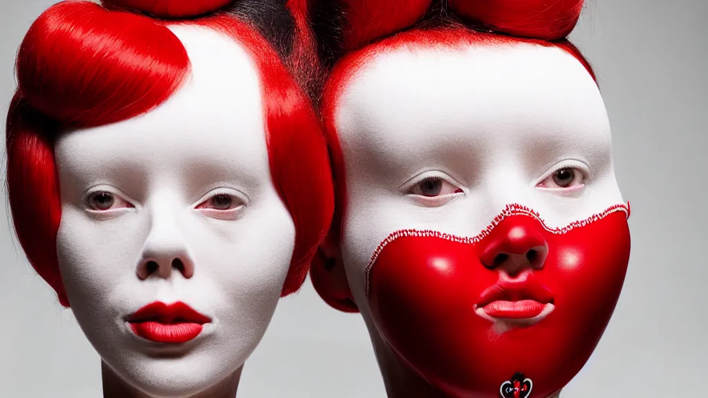 Image similar to symmetrical portrait of a woman wearing a silicone embroidered red beauty mask and white hair buns, wearing a black bodysuit by alexander mcqueen, cream white background, soft diffused light, biotechnology, humanoide robot, bjork aesthetic, translucent, by rineke dijkstra, intricate details, highly detailed, masterpiece,