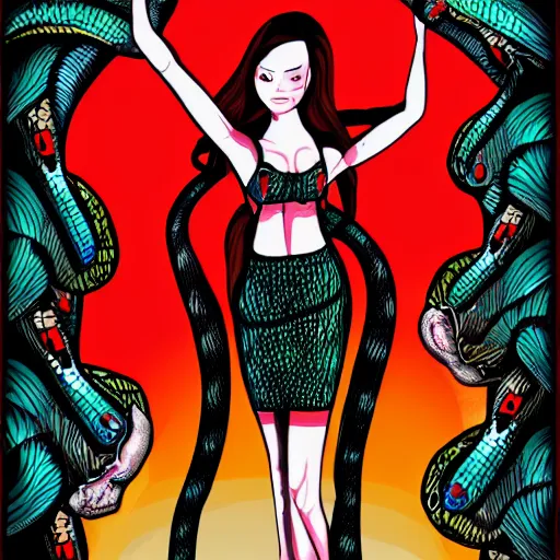 Prompt: full body portrait of a snake girl, red and black strips, books, yellow eyes, magic, digital art.