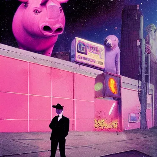 Prompt: man wearing a pink suit and a pink pig mask standing outside a night club, chris foss, john harris, beeple, wayne barlowe