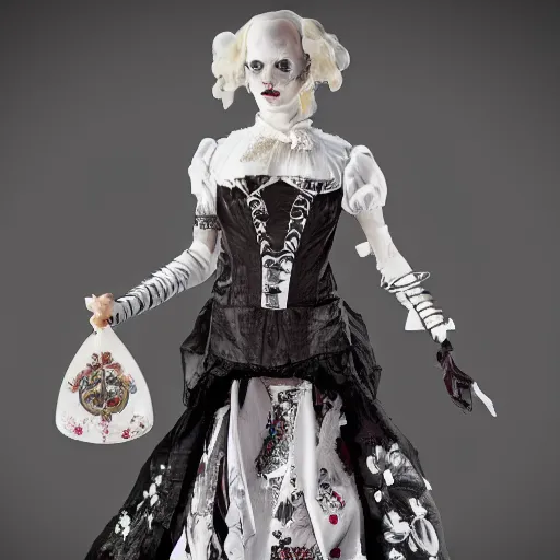 Image similar to gothic cyborg victorian bizzare porcelain woman with artnouveau garment and ornaments sharp focus 8 k