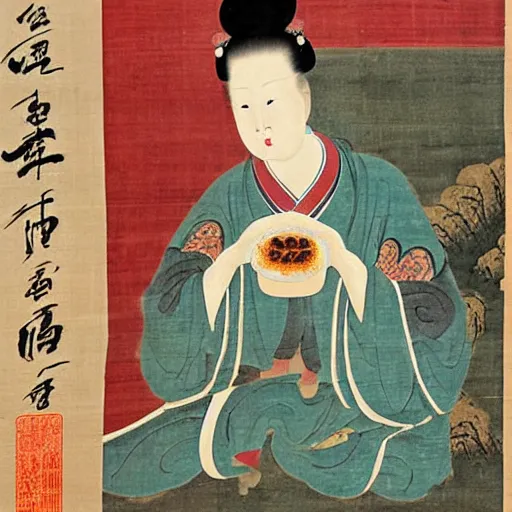 Prompt: the Chinese ancient painting of a lady eating a hamburger in Tang Dynasty , by Han Xizai