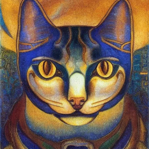 Prompt: cloisonne cat head, by annie swynnerton and diego rivera and nicholas roerich and jean delville, symbolist, dramatic lighting, god rays, art brut, rich colors, smooth, sharp focus, extremely detailed, adolf wolfli and ( donato giancola and bilibin )