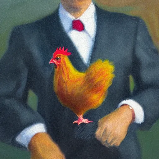 Image similar to a high quality photo of a chicken wearing a suit, impressionism, 8 k