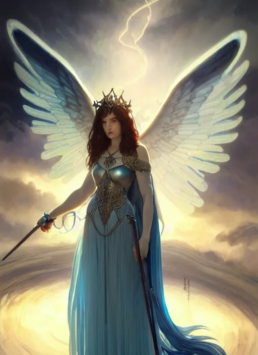 Image similar to a beautiful cinematic female archangel queen, fantasy sea landscape, fantasy magic, short aqua blue black fade hair, dark light night, intricate, elegant, sharp focus, illustration, highly detailed, digital painting, concept art, matte, art by WLOP and Artgerm and Greg Rutkowski and Alphonse Mucha, masterpiece