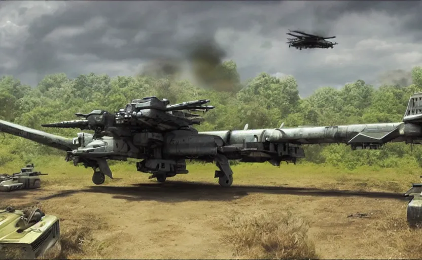 Image similar to photo of sci - fi gunship landing on jungle complex base, ultra detailed, movie frame, cinematical composition, 4 k, breaking bad