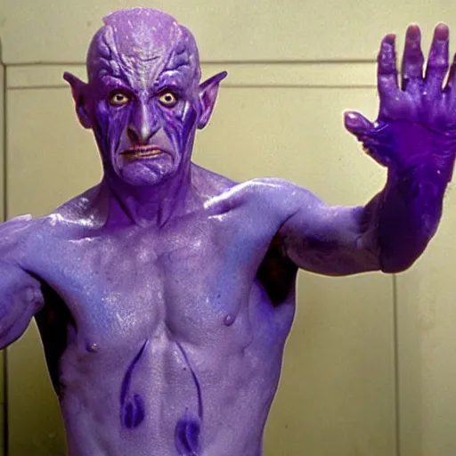 Image similar to ivan ooze, portrait, practical effects, 1 9 9 0 s action movie, purple electricity arcing from fingers, an army of tongue warriors