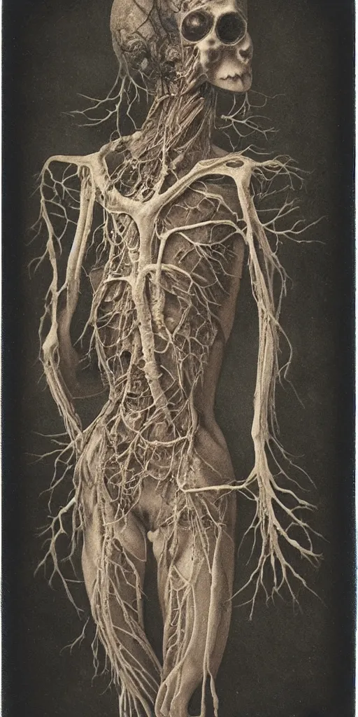 Image similar to an 1 9 1 0 polaroid photography of a very sad and detailed rotten woman corpse with fractal coral reefs and ornate growing all around, muscles, veins, arteries, anatomical, eye, ears, full body, intricate, surreal, ray caesar, john constable, guy denning, dan hillier, black and white