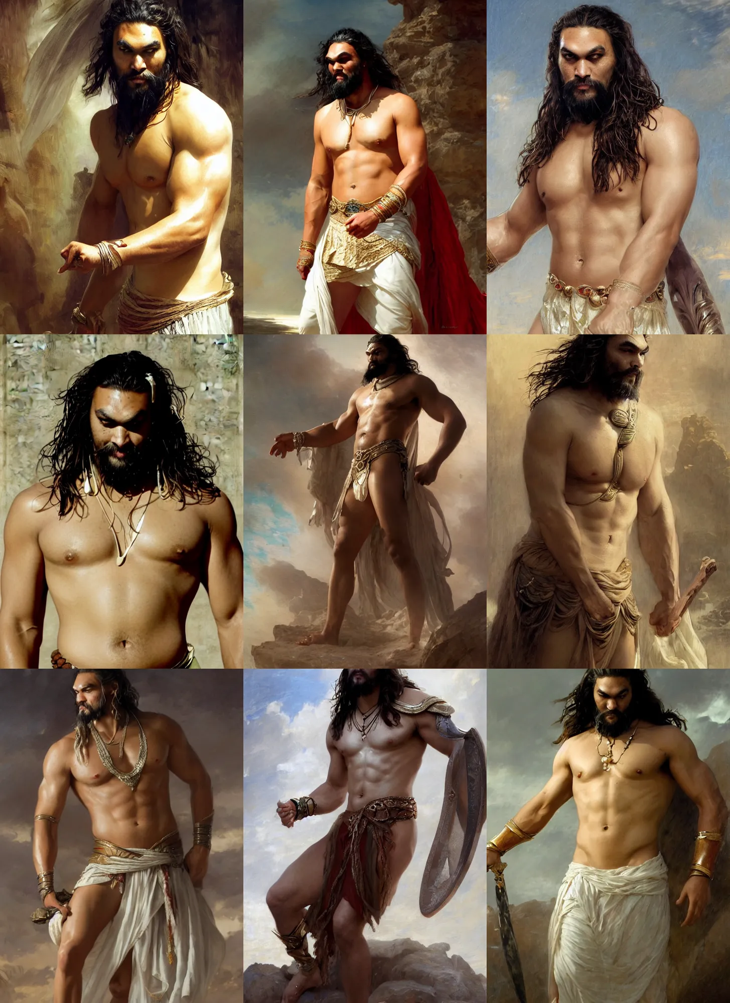 Prompt: jason momoa as ancient libyan prince, white skirt and barechest, intricate, elegant, highly detailed, artstation, concept art, sharp focus, ruan jia, jurgens, orientalism, bouguereau