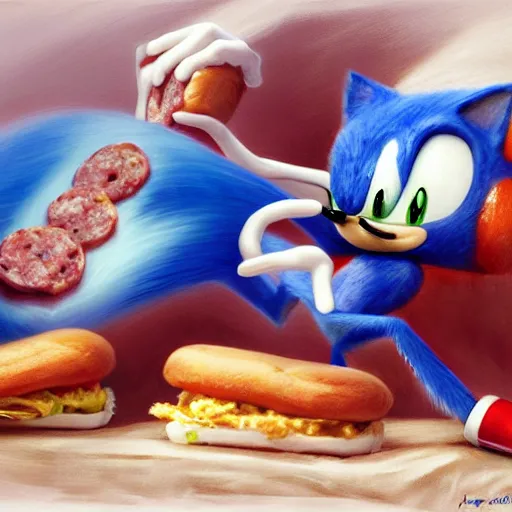 Prompt: A beautiful hyperrealistic detailed matte portrait painting of Sonic eating a sandwich of chorizo by andreas rocha and john howe and Martin Johnson